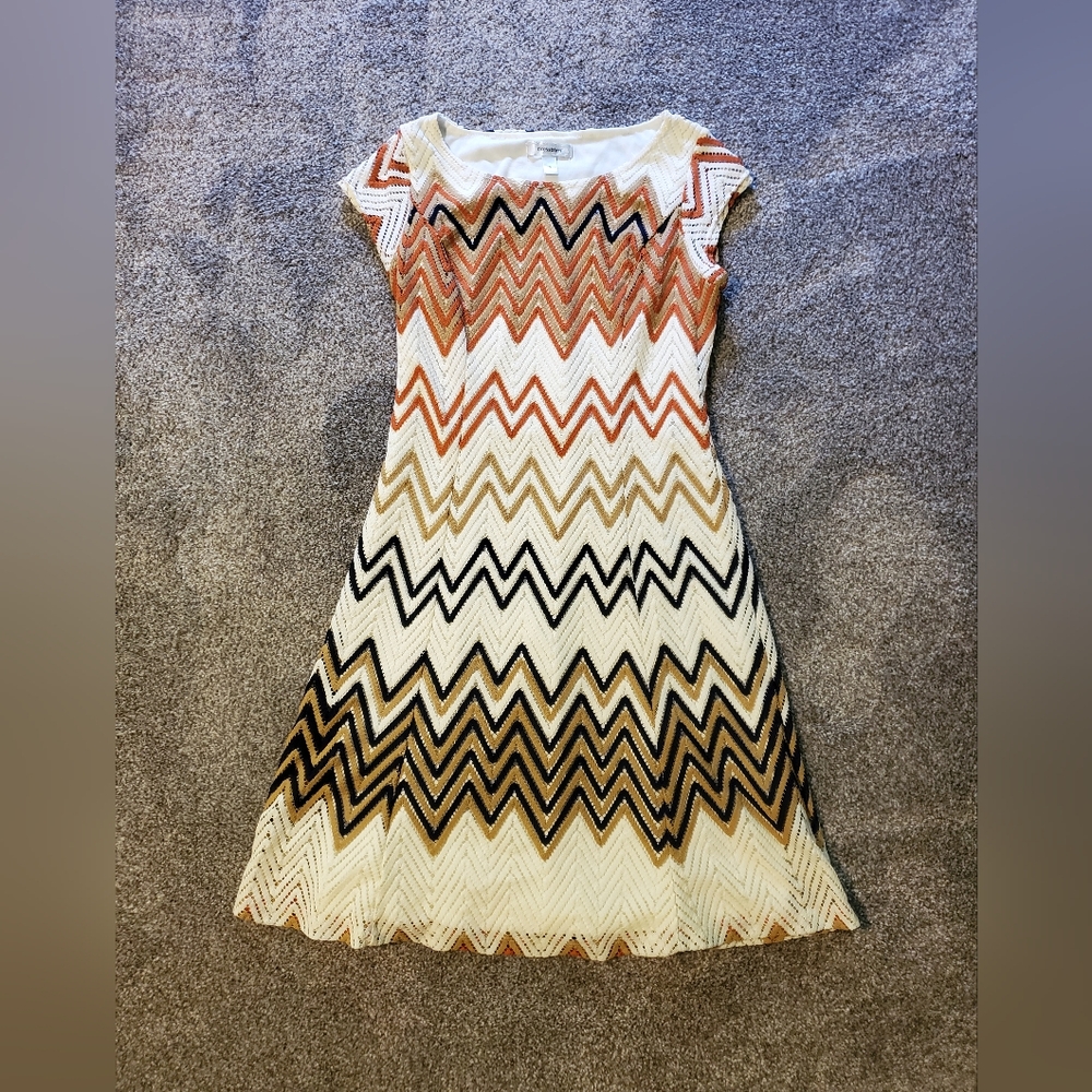 Dressbarn Size 8 Crochet Woven Dress Gold Orange Blue Cream Cap Sleeves